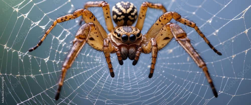 Poster spider weaving intricate web in natural setting with copy space for text showcasing nature's craftsm