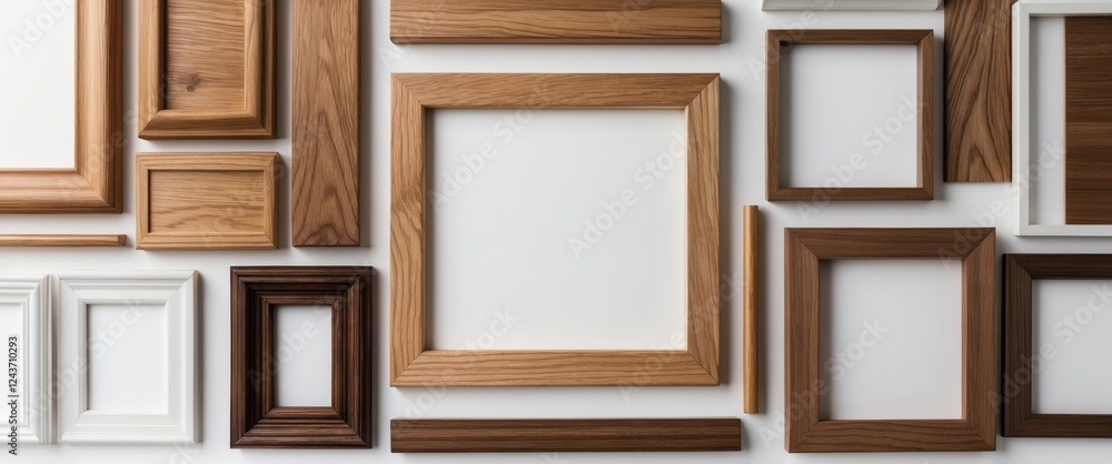 Poster assorted wooden photo frames in various styles and colors arranged on a white background showcasing 