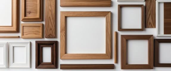 Fototapeta premium Assorted wooden photo frames in various styles and colors arranged on a white background showcasing oak, maple, walnut, and white finishes.