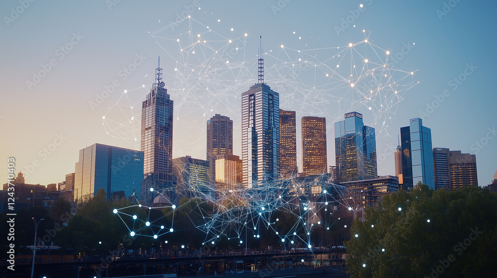 Poster connected metropolis: a mesmerizing cityscape at dusk, showcasing a network of interconnected dots a