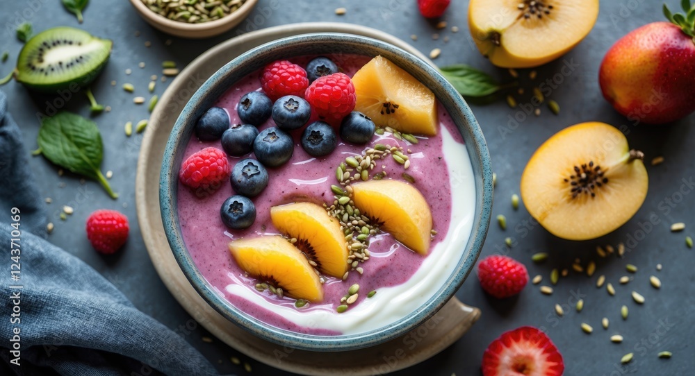 Poster colorful bowl of homemade smoothie topped with sliced fruits and seeds on a textured background with
