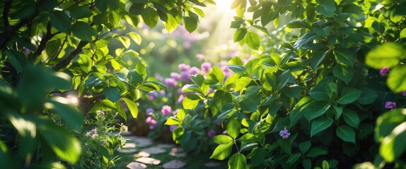 Obraz premium Lush garden pathway framed by vibrant green leaves and colorful flowers under soft sunlight creating a serene and inviting atmosphere.