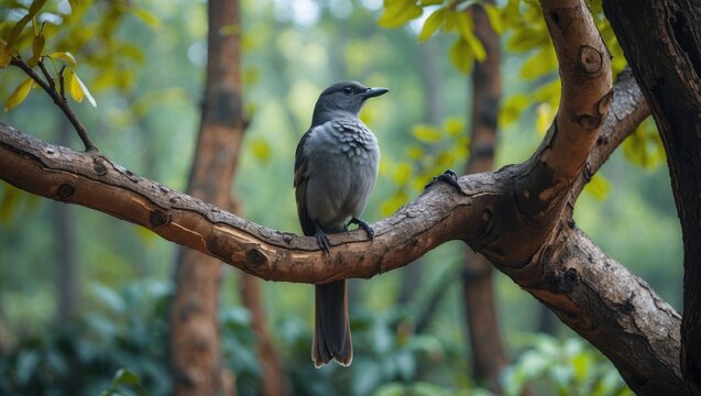 Grey Treepie Resting on a Branch in a Lush Forest Park Capturing the Beauty of Dendrocitta Formosae in Its Natural Habitat