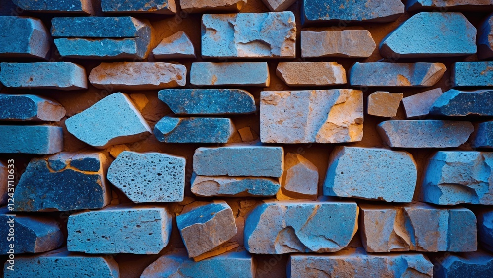 Poster textured wall of irregularly shaped stone bricks in varied colors and sizes with subtle blue lightin