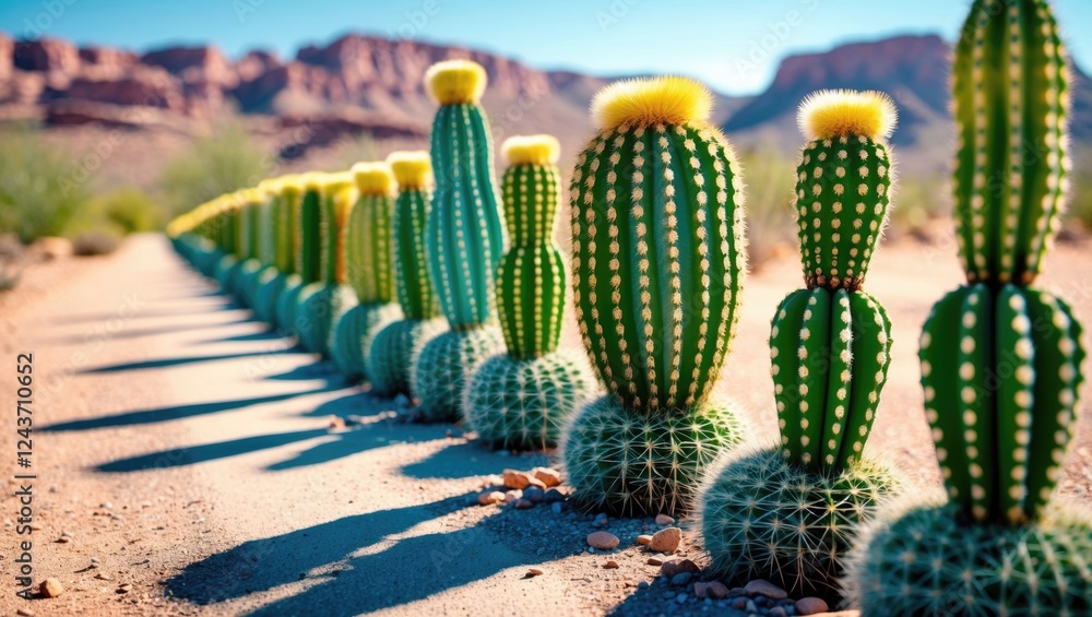 Poster row of vibrant cacti with distinctive yellow tops casting shadows on a sandy path in a desert landsc