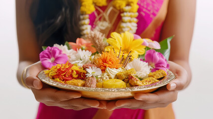 Vibrant floral offering for festival celebration with traditional decorations