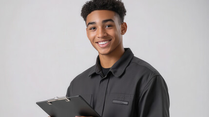 Portrait of a young moving company employee holding a clipboard