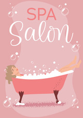 Print Print Girl in a bath with bubbles on a pink background. Poster. Spa Salon. Sale. 