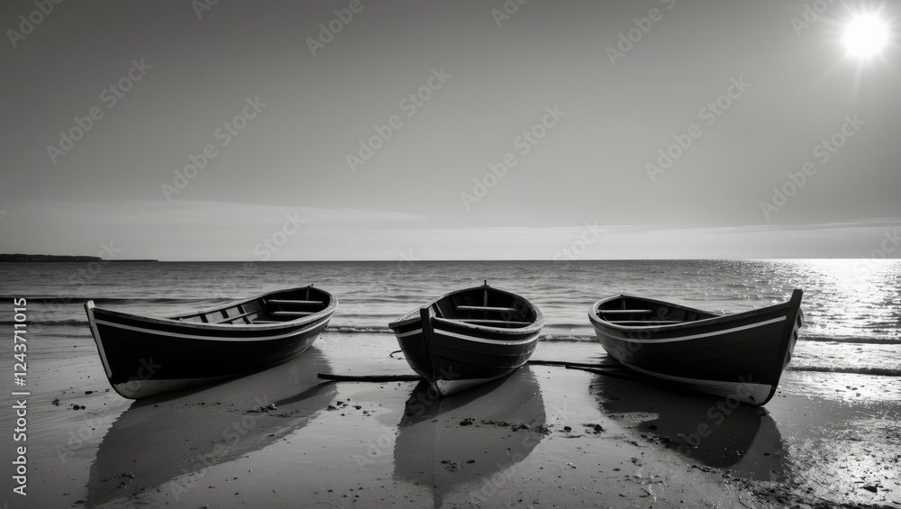 Poster serene black and white image of three small boats resting on a beach under a gray sky with sun refle