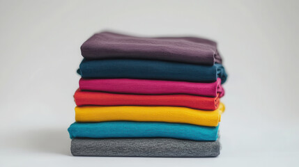 Vibrant stack of folded colorful t-shirts showcasing fashion and style