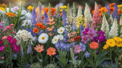 Vibrant Summer Flower Bed Displaying a Spectrum of Colors and Shapes in Full Bloom