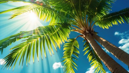 Fototapeta premium Sunlit Palm Tree Leaves with Vibrant Greenery Against a Blue Sky and Text Space for Tropical or Summer-Themed Designs