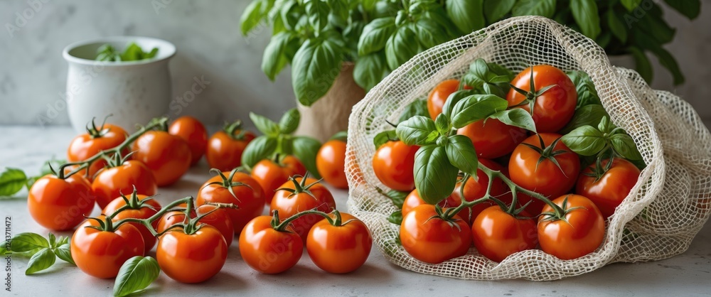 Poster vibrant tomatoes and fresh basil in a reusable net bag on a light countertop showcasing farm-to-tabl