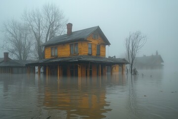 Fototapeta premium A foggy scene of abandoned yellow houses partially submerged in floodwaters, surrounded by bare trees and misty atmosphere
