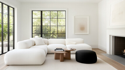 Modern living room with white sectional sofa, round black ottoman, and wooden coffee table. Large windows provide natural light and view of greenery outside