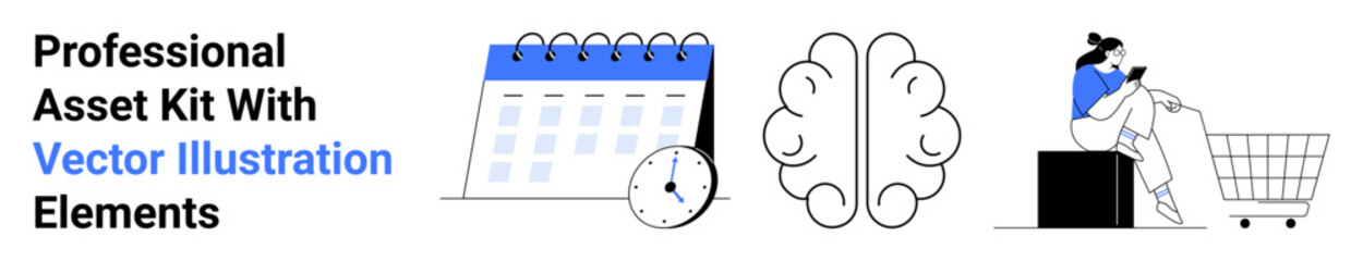 Obraz premium Calendar with clock icon, brain illustration, and seated female using a smartphone near a shopping cart. Ideal for time management, creativity, e-commerce, planning, education, productivity