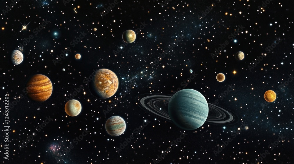 Poster a depiction of various planets in a starry space background.