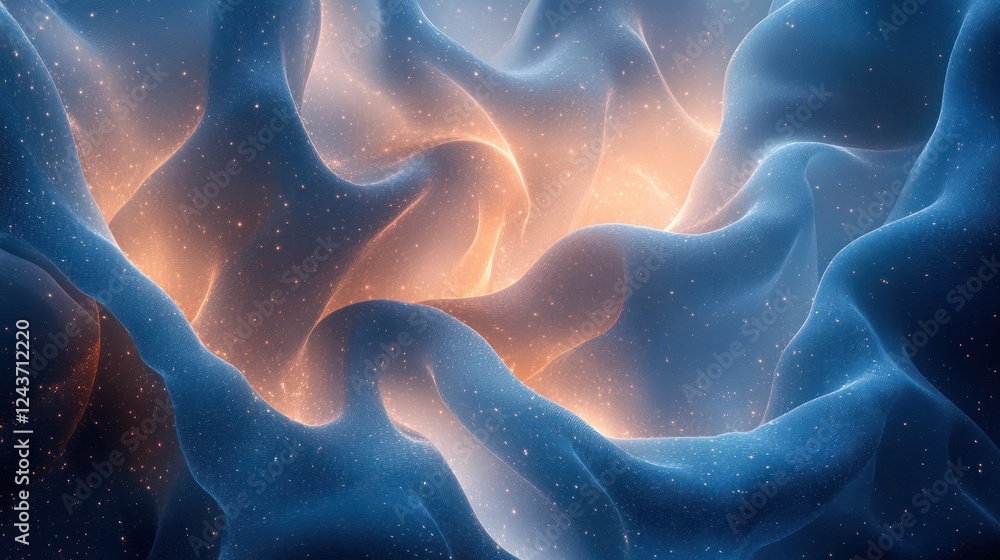 Poster abstract geometric network of connected dots and lines with deep blue background and glowing effects