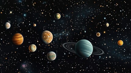 Fototapeta premium A depiction of various planets in a starry space background.