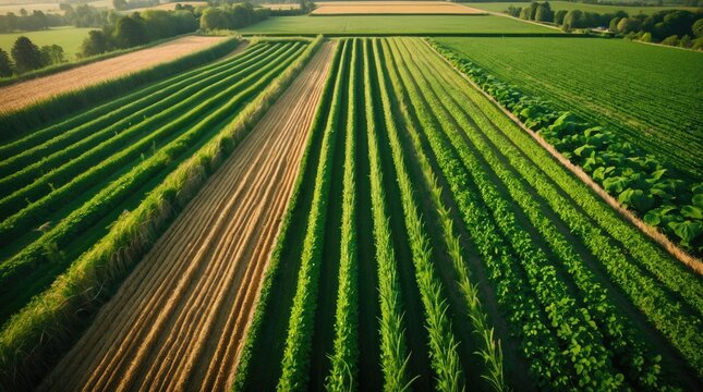 Aerial view of vibrant green harvest fields showcasing diverse crops in the scenic landscape of rural Poland during the growing season.