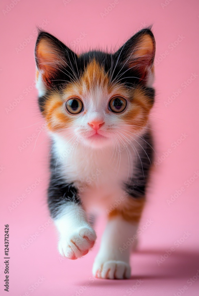 Poster adorable calico kitten with playful expression on pink background capturing the essence of youthful 