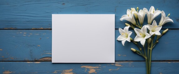 Blank card with white Alstroemeria flowers on blue wooden background for invitations or messages in a floral setting