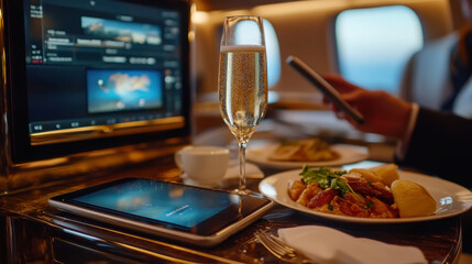 Luxurious in-flight dining experience with sparkling wine and gourmet meal