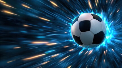 Naklejka premium A high speed soccer ball mid spin surrounded by a vibrant glowing energy burst against an abstract futuristic backdrop The dynamic motion and radiant lighting create a captivating