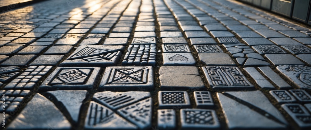 Poster close-up view of patterned cobblestone pavement in urban setting showcasing geometric figures and te