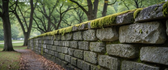 Moss-covered stone wall in a tranquil park setting framed by lush trees and a peaceful pathway.