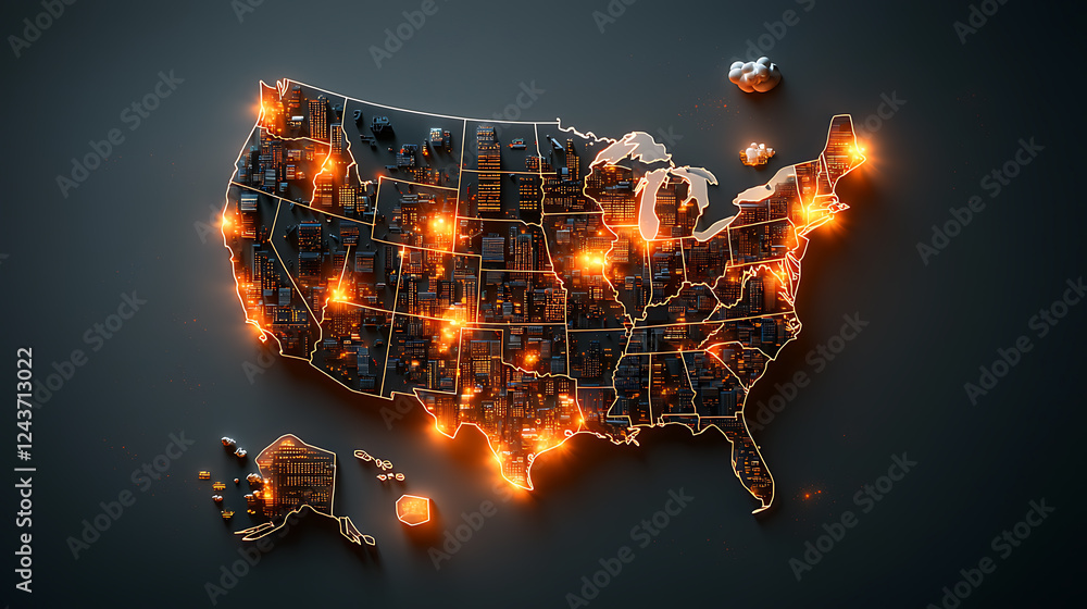 Poster illuminated map of the united states data visualization digital art urban environment aerial view in