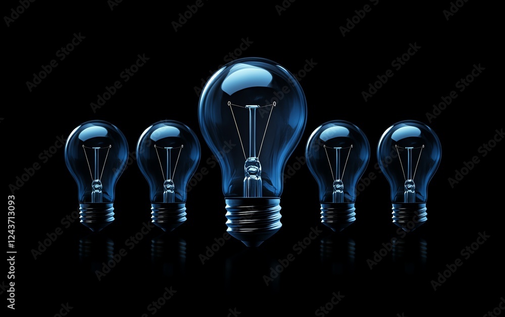 Poster a bright light bulb standing out from a group of dim or unlit bulbs, symbolizing innovation and the 