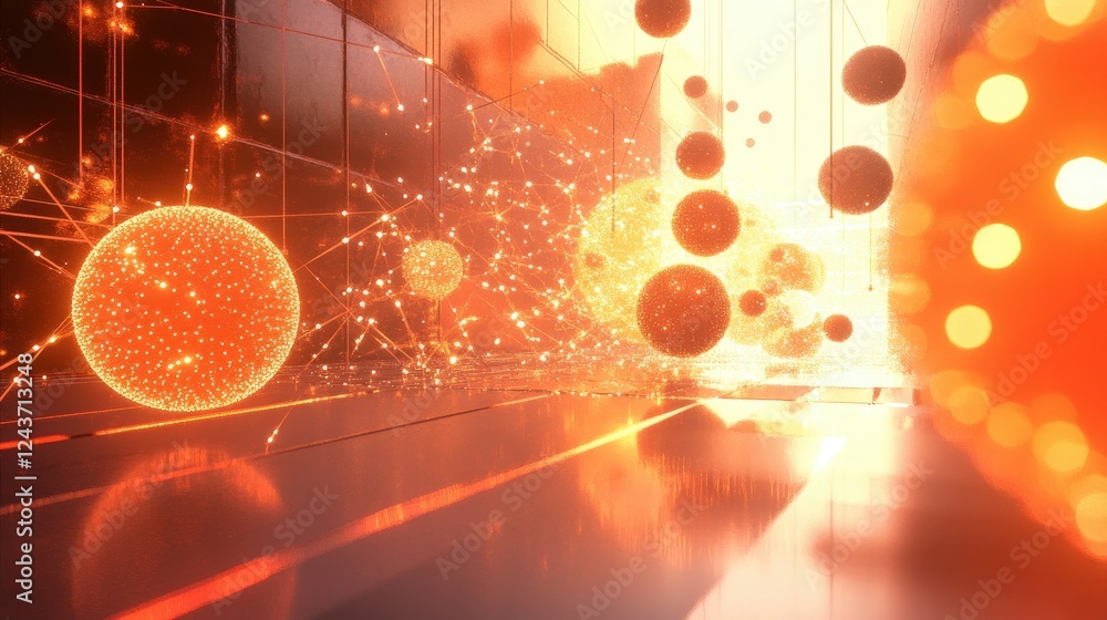 Poster 3d-rendered abstract structure of connected glowing spheres in a cyber-inspired setting
