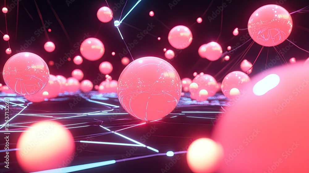 Fototapete 3D-rendered abstract structure of connected glowing spheres in a cyber-inspired setting