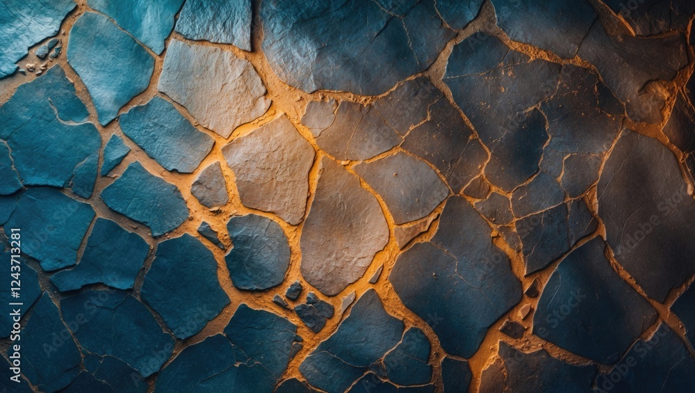 Poster abstract surface texture background with cracked patterns in earthy tones and deep blue hues for art