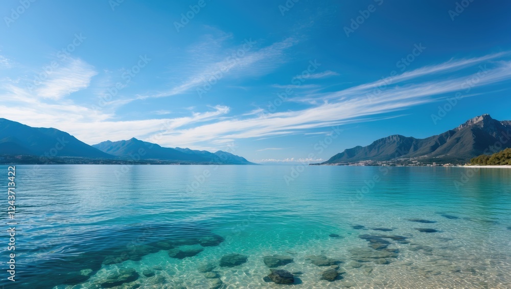 Poster serene beach view with crystal clear waters, azure sky and distant mountains, creating an idyllic se