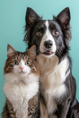 Adorable Cat and Dog Duo Posed Together Against a Vibrant Background in a Studio Setting, Showcasing Their Unique Features and Expressions