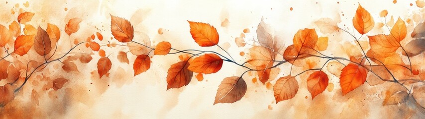 Watercolor Autumn Leaves and Wildflowers Seamless Border with Maple Leaves Branches and Twigs