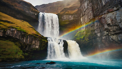 Fototapeta premium A magnificent waterfall falls from a height, creating powerful streams of water sparkling in the sun's rays.