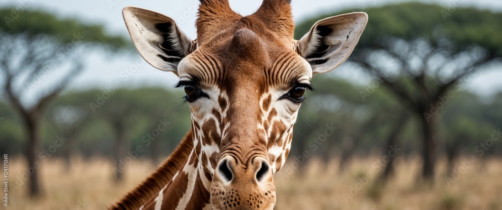 Poster close-up portrait of a giraffe showcasing its unique features in a natural safari environment with t