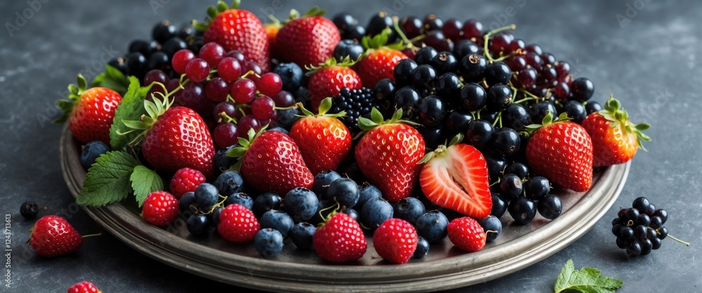 Poster assorted fresh berries on decorative platter with empty space for text ideal for culinary or healthy