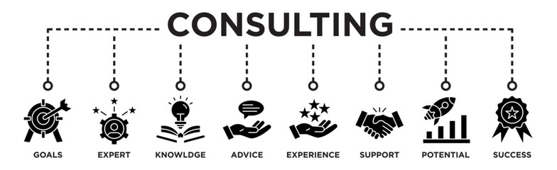 Consulting banner web icon vector illustration concept for business consultation with an icon of goals, expert, knowledge, advice, experience, support, potential, and success