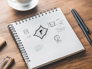 A notebook with sketches and notes, including a key symbol, alongside a cup of coffee and pens on a wooden table.