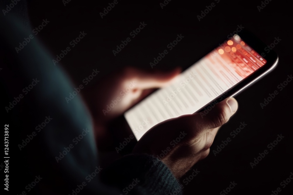 Poster person using smartphone in low light, engaging with content at night, highlighting digital interacti