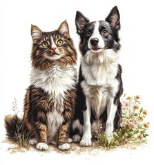 Fototapeta premium Adorable Cat and Dog Illustration in Natural Setting with Flowers and Grass, Showcasing Friendship and Affection Between Pets