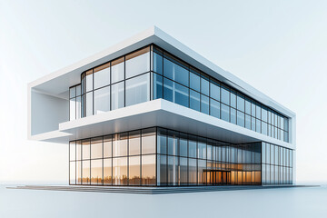 Fototapeta premium Architecture of Light. A pristine, modern office building facade, defined by glass and clean lines, reflects a bright, minimalist aesthetic. 
