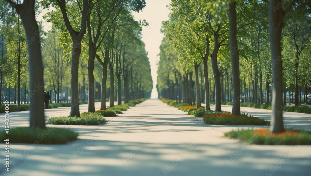 Poster symmetrical tree-lined walkway with vibrant greenery and blurred background, offering ample space fo