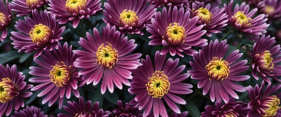 Vibrant close-up of dark pink chrysanthemum flowers featuring yellow centers and white-tipped petals in a lush floral park setting.