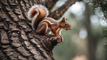 Squirrel perched on textured tree bark showcasing wildlife in natural habitat during daytime.