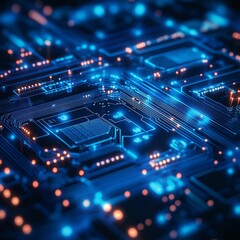 Fototapeta premium A futuristic digital circuit board with glowing lines and microchips, representing technological advancement and innovation. Perfect for tech-related content, cybersecurity, and AI themes.